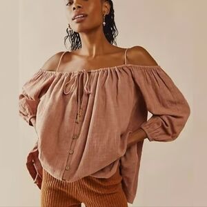 Free People Stealin' Hearts Cotton Tunic Lagenlook Dusty Rose Rust Oversized XS